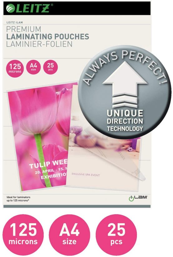 Leitz 74820000 Laminating Pouches Made of 125 Micron Thick Materia (Transparent, Glossy, A4 and UDT) - Pack of 25