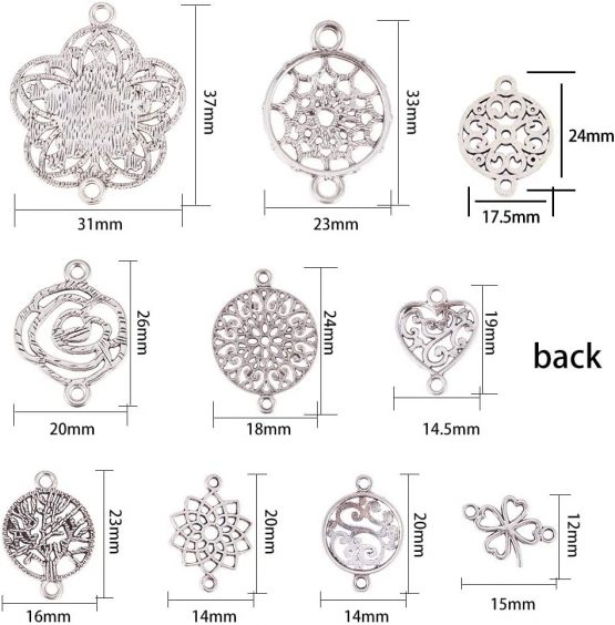 SUNNYCLUE 1 Box 60pcs 10 Styles Flower of Life Connectors Charms Heart Hollow Pendants for Jewellery Necklace Bracelet Making Craft Supplies Jewelry Findings Accessory, Antique Silver - Image 2