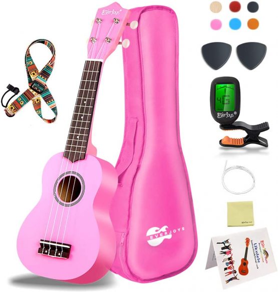 Everjoys Soprano Ukulele Beginner Kit, 21 Inch Ukelele for Kids Adults w/Strap, Tuner, Strings, Songbook, Case, Picks (Pink)
