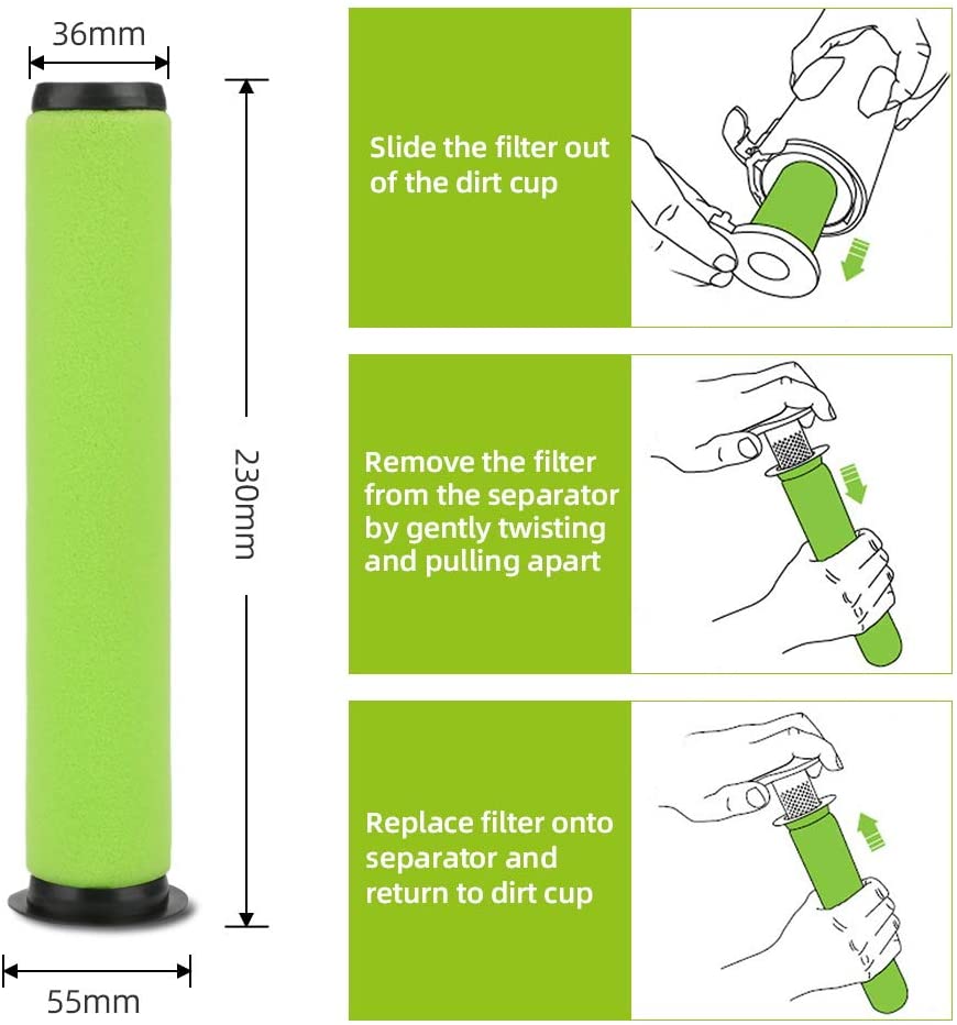 EMore 2 Pack Washable Dirt Bin Stick Filter for Gtech AirRam MK2 & Air