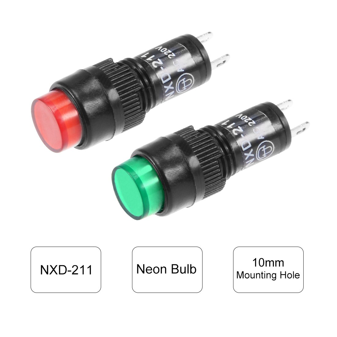 sourcing map Indicator Lights AC 220V, NXD-211 Red+Green Neon Bulb, Flush Panel Mount 2/5" 10mm, 6Pcs, Green + Red, AC 220V 6Pcs - Image 4