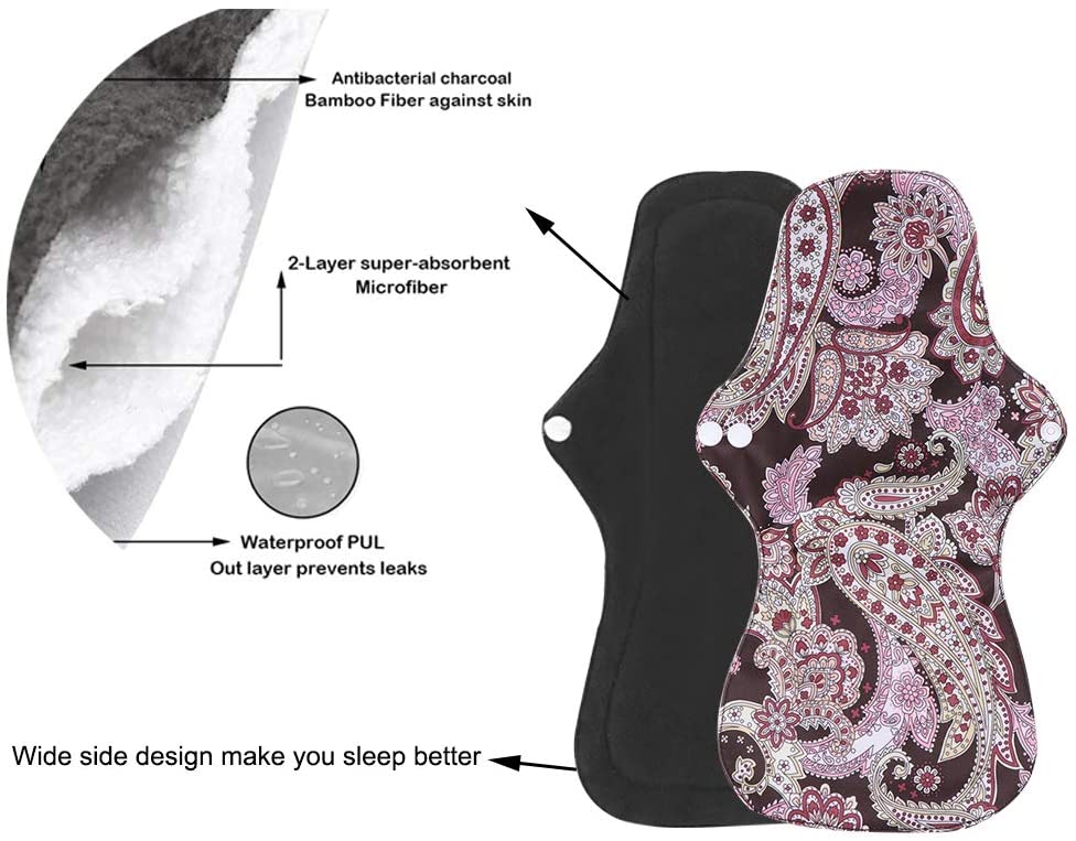 RZJZGZ (5 Pcs 35cm) Extra Long Sanitary Pads for Day and Heavy Flow Menstrual Pads Reusable Washable Sanitary Towels Pads Charcoal Bamboo Cloth Napkins Postpartum Nursing Pads with Mini Carry Bag Set - Image 3
