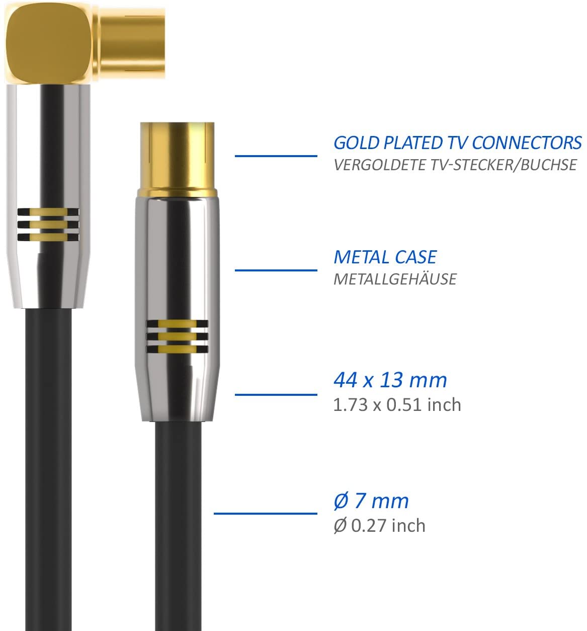 deleyCON 1m (3.28 ft.) TV Antenna Cable Coaxial Cable Gold-plated connector 1x 90° angle 1x straight Metal Connector UltraHD FullHD HDTV - Image 4