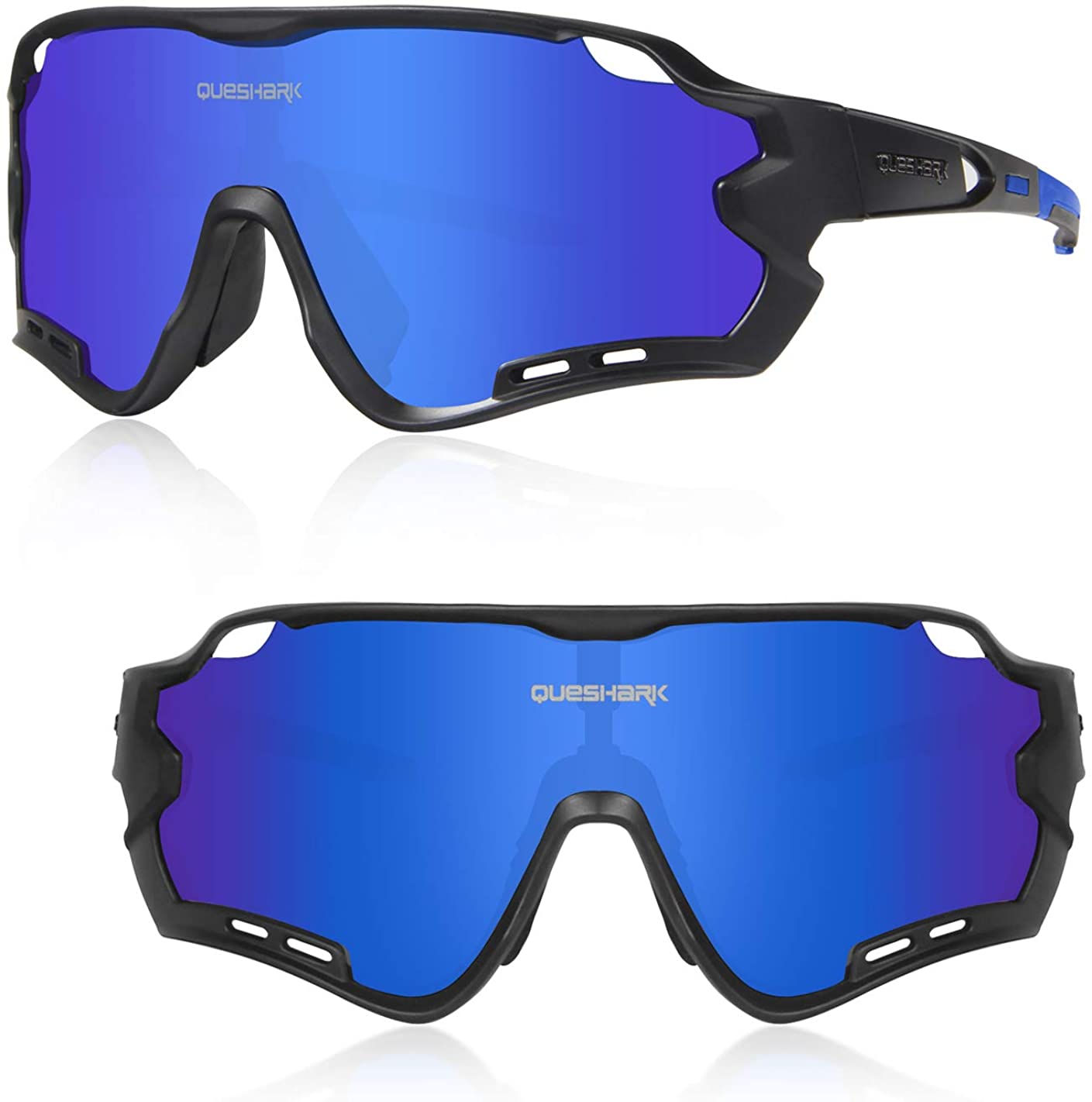 Queshark HD Polarized UV Protection Cycling Glasses Bike Eyewear For Road MTB Bike 4 Lens, Black Blue - Image 2