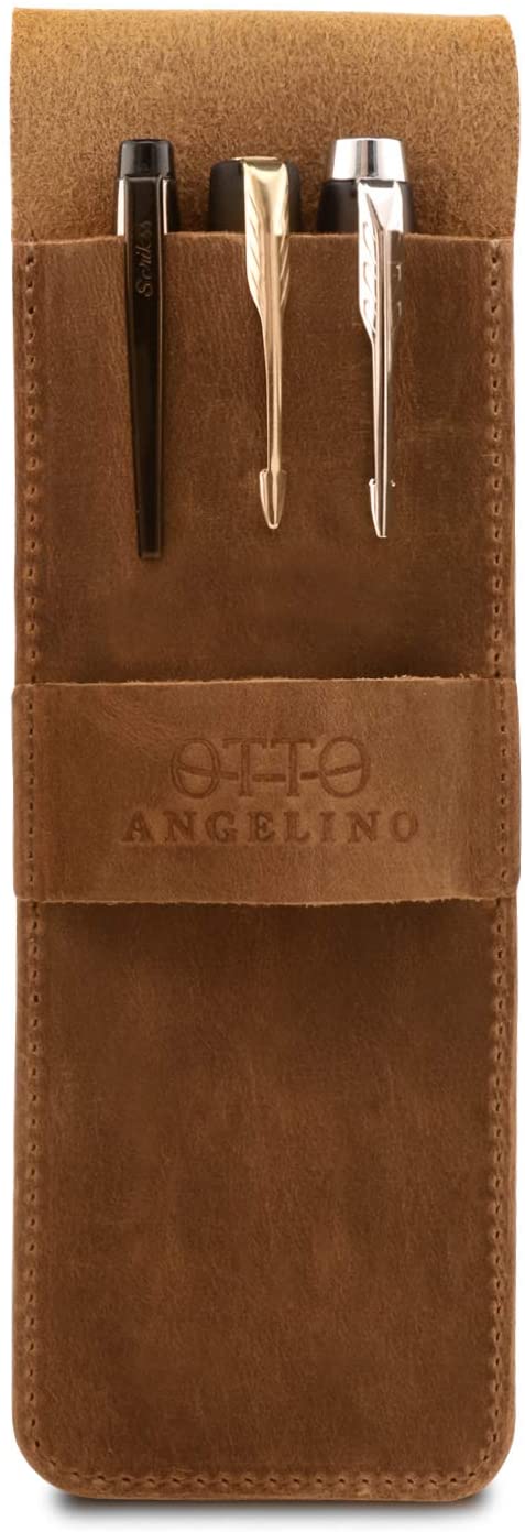 LONDO Genuine Leather Pen and Pencil Case with Tuck in Flap, Stationery Bag, Camel - Image 2