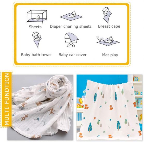 4 Pack Baby Muslin Washcloths, ALBOYI 120cmx110cm Cotton Muslin Baby Wiping Bathing Towels with Printed Design, Highly Absorbent, Washable & Reusable - Image 3