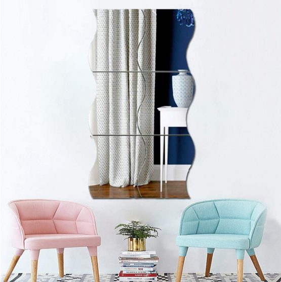 3D Wavy Mirror Wall Stickers, 6PCS Mirror Art DIY Home Decorative Acrylic Mirror Wall Sheet Plastic Mirror Tiles for Home Living Room Bedroom Sofa TV Setting Wall Decoration Decor Decal