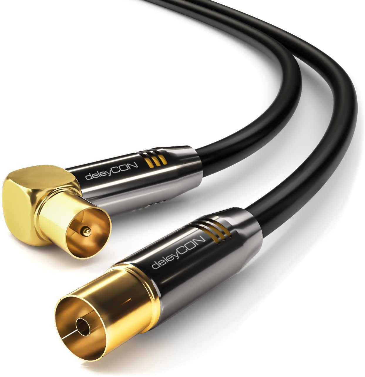 deleyCON 1m (3.28 ft.) TV Antenna Cable Coaxial Cable Gold-plated connector 1x 90° angle 1x straight Metal Connector UltraHD FullHD HDTV