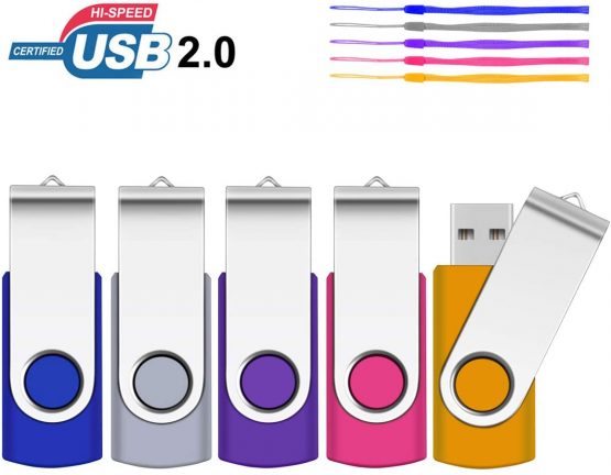 4GB Memory Stick 5 Pack,SRVR Flash Drive USB 2.0 Swivel Thumb Drives Data Storage Jump Drive Zip Drive Memory Sticks External Devices with Led Indicator(Mixed Color With Lanyard)