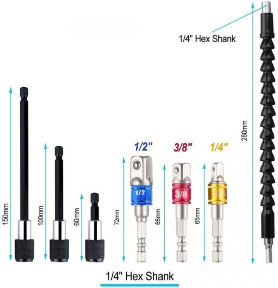 DURTAIL Drill Bit Holders,1pcs 105 Degree Angle Extension Right Angle Drill+3pcs 1/4 Inch Hex Shank Magnetic Screwdriver Bit Holder + 1 Flexible Drill Bit +3 Impact Socket Adapter Nut Driver - Image 3