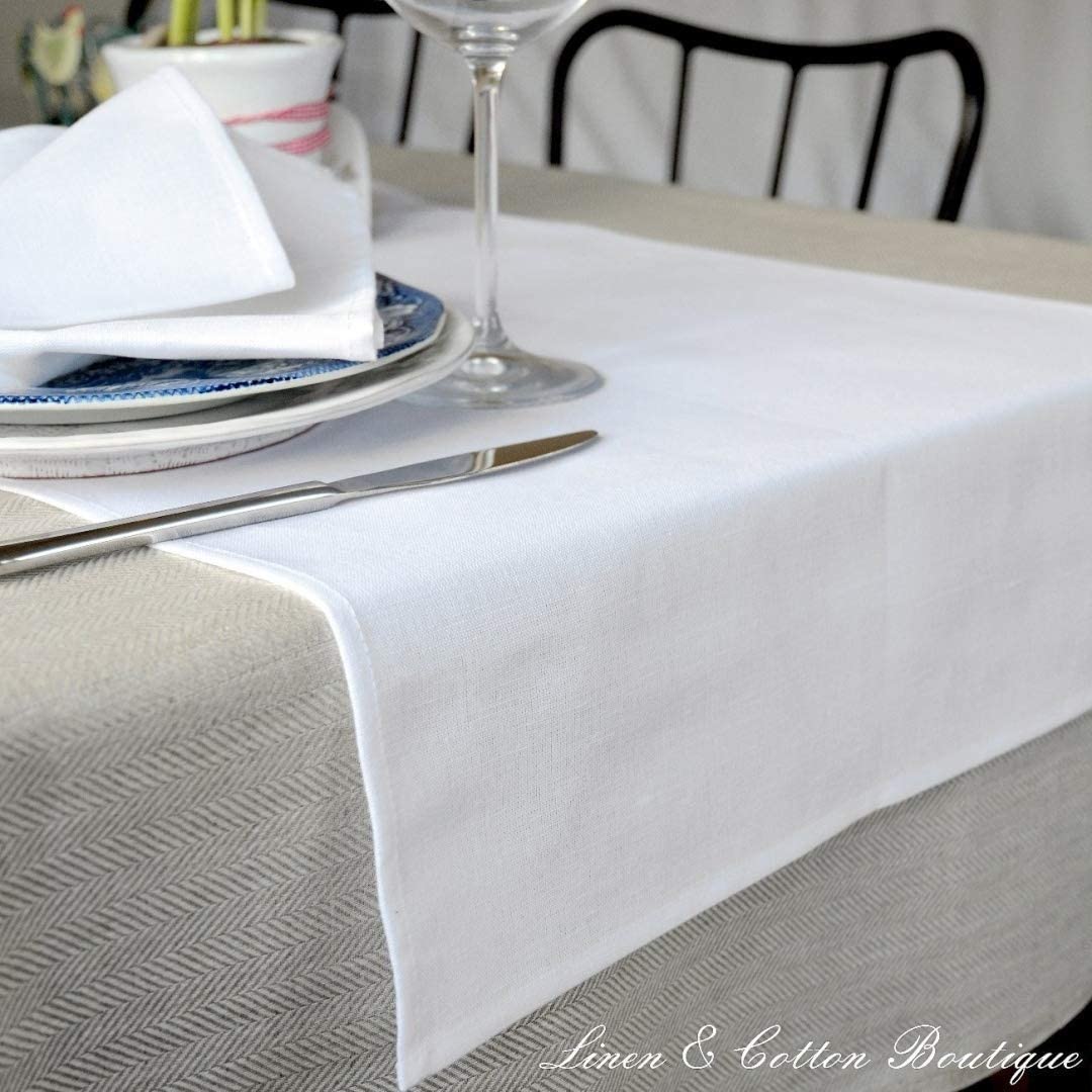 Linen & Cotton Pure White Table Runner AMELIA, 50% Linen, 50% Cotton - 47 x 180cm (18.8''x 72'') - Image 3