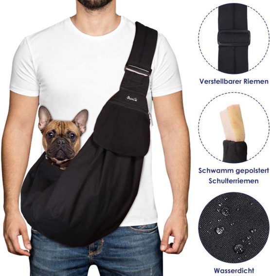 SlowTon Pet Dog Cat Hand Free Sling Carrier Shoulder Bag Adjustable Padded Shoulder Strap Tote Bag with Front Pocket Outdoor Travel Puppy Carrier for Walking Daily Use (BLACK)