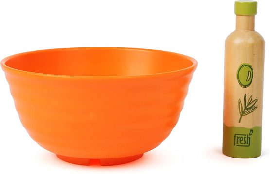 Small Foot 11476 Wooden Set, Children's Vegetarian Play Kitchen Accessory, incl. Bowl, Salad Utensils and Dressing Toys, Multicolored - Image 4