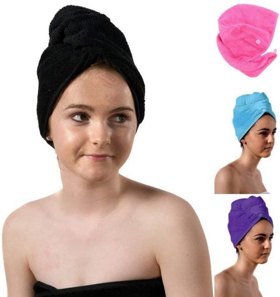 aztex Luxury Hair Turban Towel, Hair Drying Towel with Loop and Button Fastener, Cotton, 64 x 23cm - Black