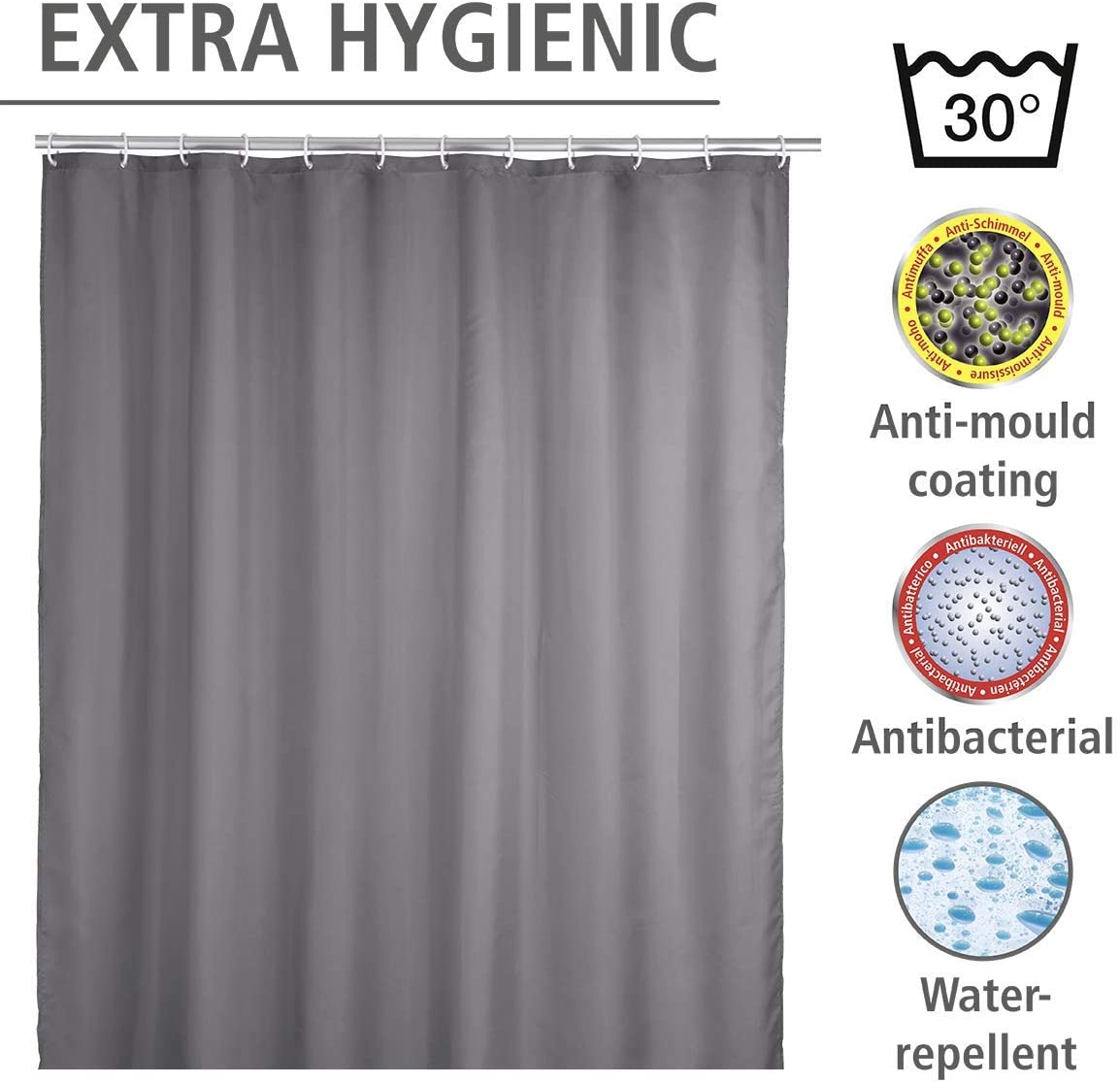 WENKO 20044100 Antimould shower curtain singlecolour Grey antibacterial, washable, Plastic Polyester, Grey - Image 3