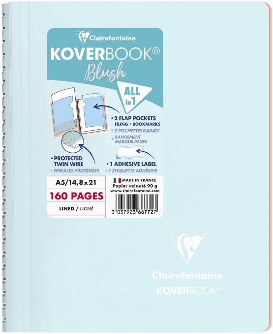 Clairefontaine 'Koverbook' Blush Wirebound Notebook, A5, 90g, Lined, 80 Sheets - Ice Blue