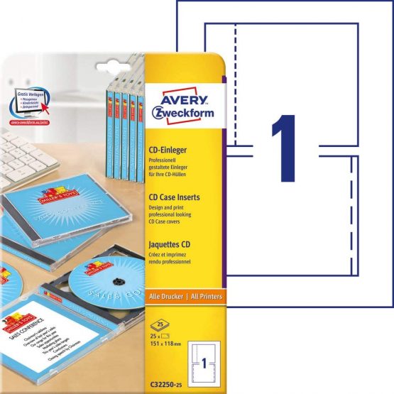 Avery Zweckform C32250-25 CD Inserts 151 x 118 mm Special Coating Micro-Perforated for Inkjet Laser Photocopier 185 g 25 Sheets