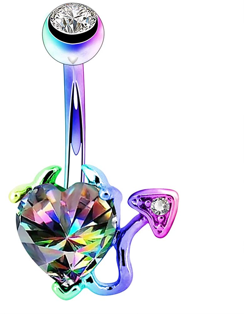 OUFER 14G Stainless Steel Navel Rings Devil Heart Belly Button Rings Iridescent CZ Body Piercing Colorful