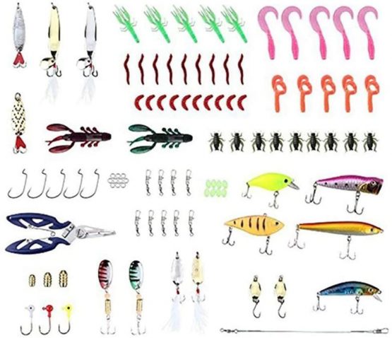 RoseFlower Fishing Lure Kits Mixed Universal Artificial Soft Baits Set Including Spinning Lures, Plastic Worms, Frogs, Single Hooks, Swivels and Tackle Box - Freshwater Saltwater Fishing Equipment