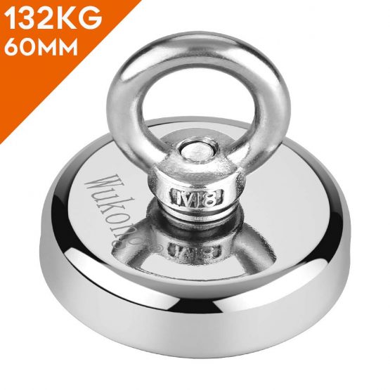Round Neodymium Eyebolt Fishing Magnet Super Power N52 Pulling Force 353LB(160KG) Diameter x 60mm Thick x 15mm for Magnet Fishing and Salvage in River