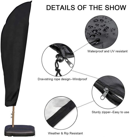 OKPOW Parasol Cover, Heavy Duty Rip Proof 600D Oxford Fabric Cantilever Parasol Covers Waterproof, Windproof, Anti-UV, Large Banana Umbrella Cover with Zip (265x40/70/50cm), Black - Image 3