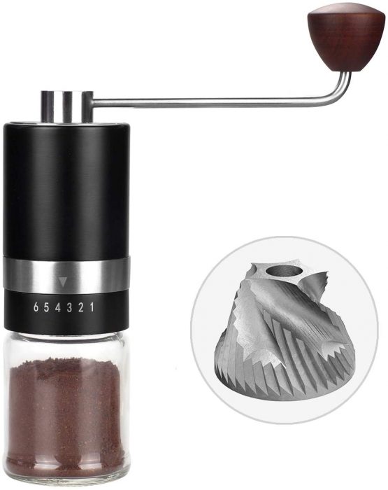 Vevouk | Black Coffee Mill, Manual CNC Stainless Steel Burr Grinder, 6 Coarseness Seetings, Stainless Steel Hand Crank, Portable Hiking, Trips, Backpaking, | Seasonal Gift, Weeding, House Warming