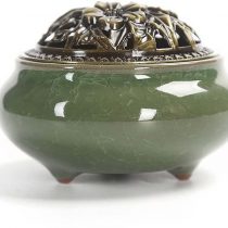 Guwheat Porcelain Incense Holder Burner (Stick/Cone/Coil Incense) Ceramic Ash Catcher Tray Bowl with Brass Calabash Incense Stick Holder (Emerald)