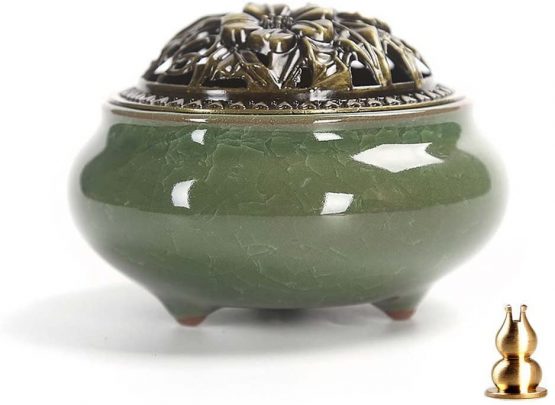 Guwheat Porcelain Incense Holder Burner (Stick/Cone/Coil Incense) Ceramic Ash Catcher Tray Bowl with Brass Calabash Incense Stick Holder (Emerald)