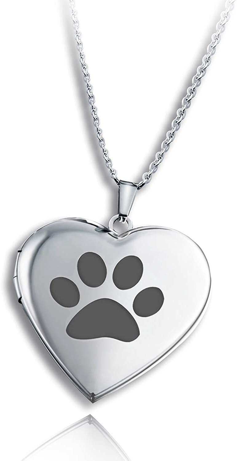 PHOCKSIN Silver Heart Locket Necklace Dog Paw Print Photo Lockets for Women In Memorial for Best Dog Cat Friends