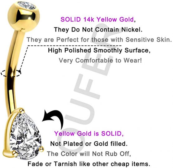 OUFER 14G 14K Solid Gold Belly Button Ring Clear Teardrop CZ Navel Rings Belly Bars - Image 3