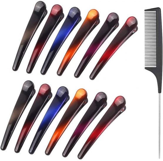 12pcs Sectioning Clips + 1pcs Antistatic Tail Comb, Multicolor Professional Hair Clamp Grips for Women Girls Hairdressing Styling Salon Tool (Gradient Color)