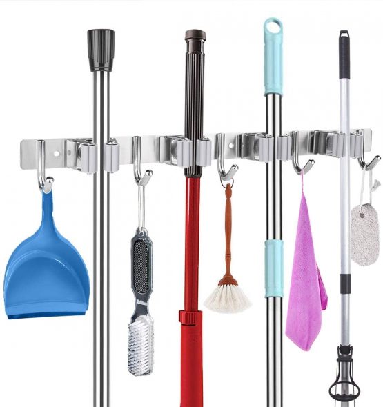 SHYOSUCCE Broom Mop Holder, Stainless Steel Broom Storage with 4 Racks and 5 Hooks, Wall Mounted Organizer for Kitchen, Bathroom, Garage and Garden, Gray
