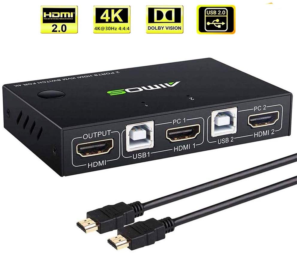 AIMOS KVM Switch, Hotkey HDMI Switcher Box 2 In 1 Out For 2 Computers Share Keyboard