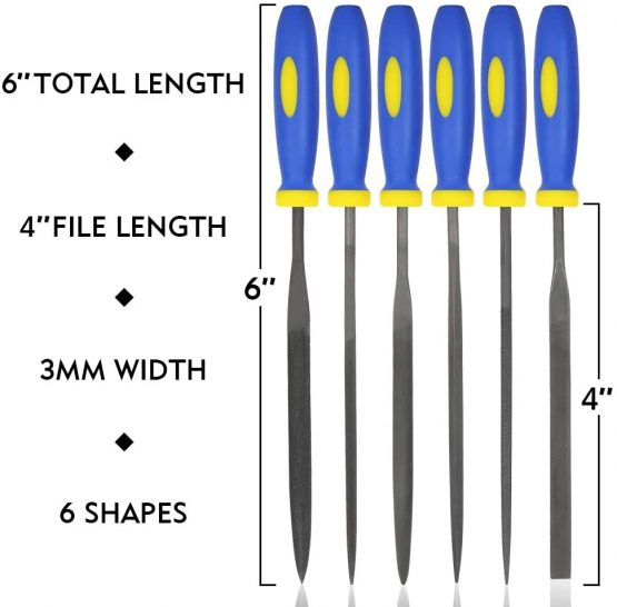 Mini Needle File Set (Carbon Steel 6 Piece-Set) Hardened Alloy Strength Steel - Set Includes Flat, Flat Warding, Square, Triangular, Round, and Half-Round File(6'' Total Length) - Image 2