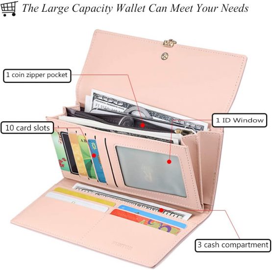 FT FUNTOR PU Leather Wallet for Women RFID Blocking Ladies Leaf Pendant Coin Zipper Long Purse with Multiple Card Slots and Card Holders Phone Pocket (Green) - Image 2