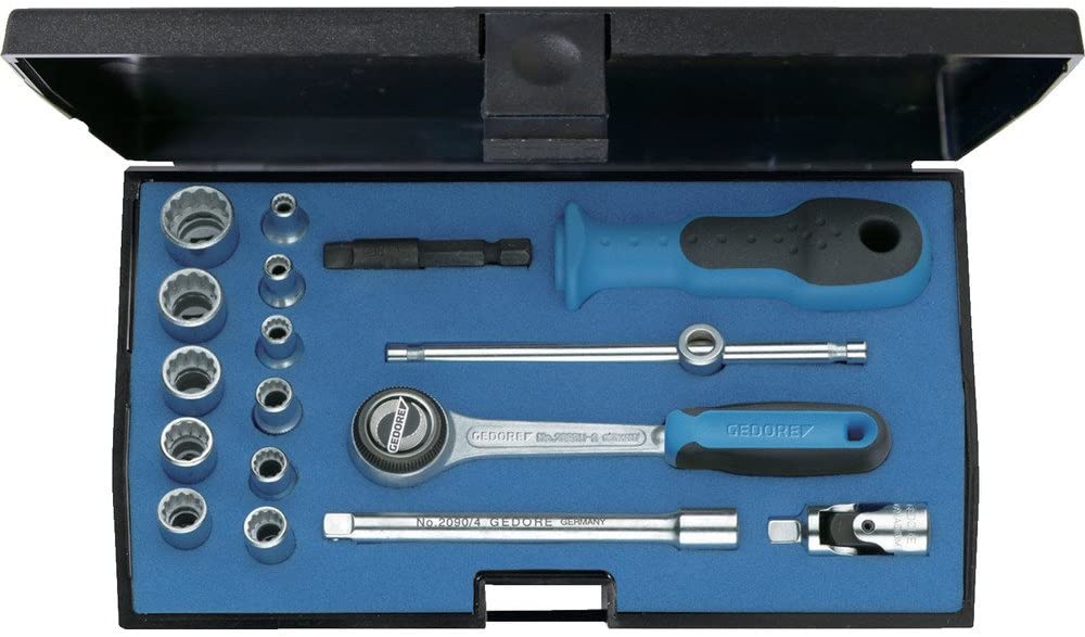 GEDORE 17-piece Socket spanner set, Bi-hex, 1/4", 4-13 mm, Tool, Ratchet with lever reverse, for Automotive D20 EMU 3