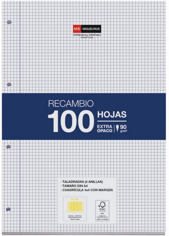Miquelrius Refill 100 Sheets, 4 mm Margin Grid, A4 Size, 4 Drills, 90 gr Paper