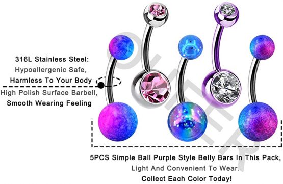 OUFER 14G Stainless Steel Belly Bars Glitter Blue Purple Belly Button Bars Navel Bars Belly Piercings Jewellery - Image 3