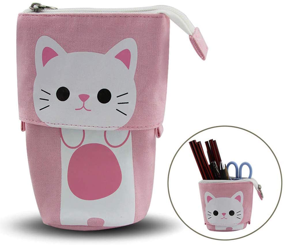 Star-Link Stand Pencil Holder, Cute Cartoon Cat Telescopic Stand Stationery Bag Pencil Case Pouch Variable Kids Canvas Cosmetic Bags Storage Bag Retractable Pen Makeup Bag for Boys Girls Students