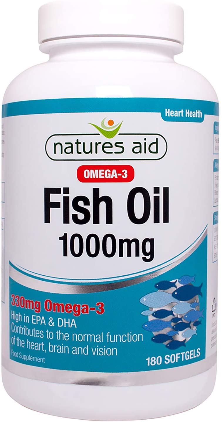 Natures Aid Fish Oil 1000mg, High Strength Omega-3 Supplement, Pure EPA & DHA, Supports Heart, Brain, Vision & Joint Health