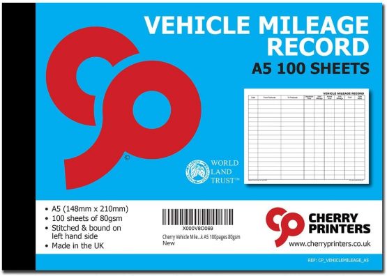 Cherry Vehicle Mileage Record Log Book A5 100pages 80gsm