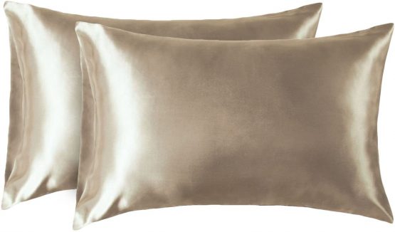 Bedsure Satin Pillow Cases 2 Pack - Khaki Pillowcase for Hair and Skin Standard Size with Envelope Closure, 50 x 75 cm