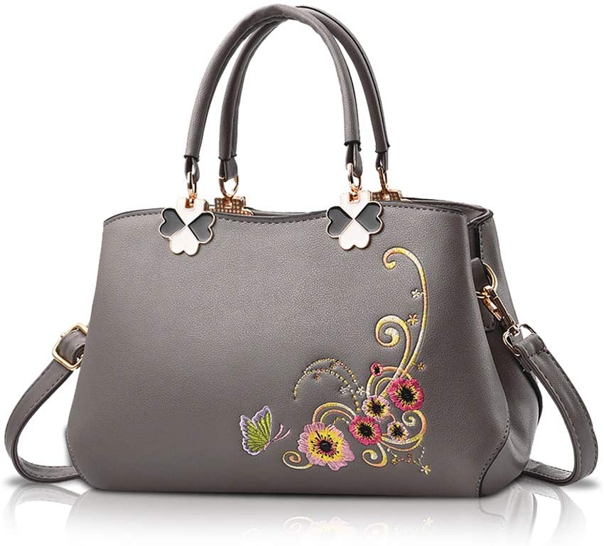 NICOLE&DORIS Women Top Handle Handbags Retro Crossbody Bag Ladies Fashion Shoulder Bag Purse Tote Embroidery Grey flower