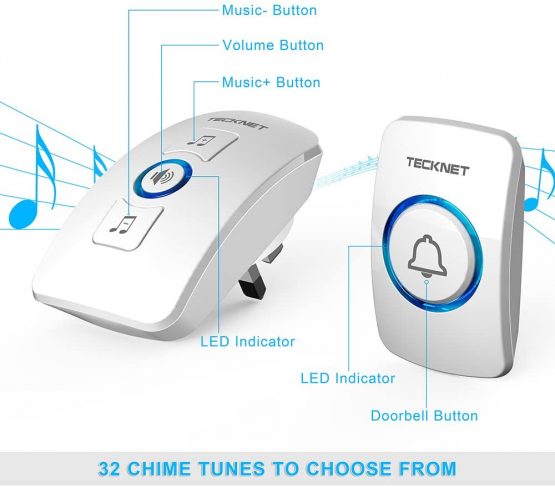 TECKNET Wireless Doorbell, Waterproof Wall Plug-in Cordless Door Chime at 820-feet Range with 38 Chimes, 4 Level Volume(White) - Image 3