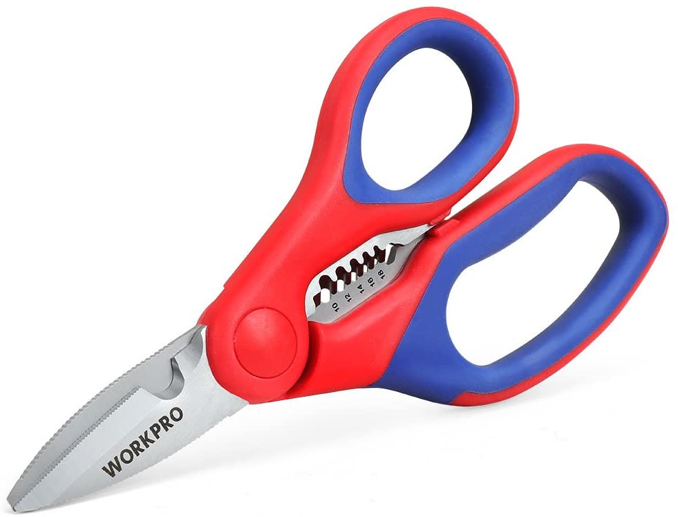 WORKPRO 150 mm Electricians Scissors, 2-in-1 Wire Cutter Stripper, Multi-Function Shears, Bi-Material Soft Handle