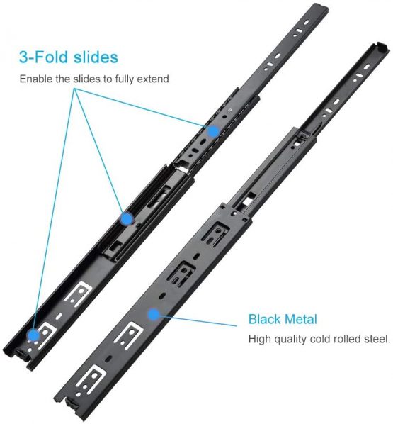 AOLISHENG 1 Pair Metal Steel Drawer Ball Bearing Runners Slides 400mm, 3 Folds Full Extension, Side Mount, Heavy Duty 45 kg Load Capacity Black, 16 inch (400mm)) - Image 4