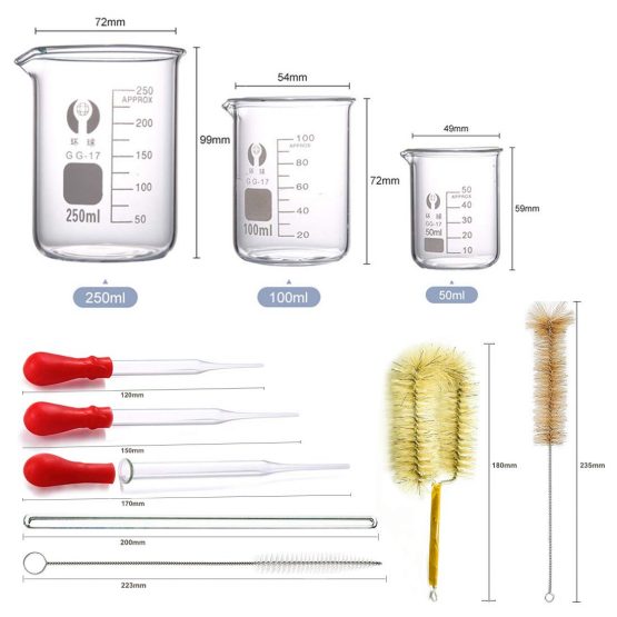 Glass Beakers Set, JESSTOLO 3pcs Glass Graduated Measuring Beakers 50ml/100ml/250ml with 3 Glass Droppers, 3 Cleaning Brush and 2 Glass Stirring Rod for Chemical Measuring or Kitchen - Image 2