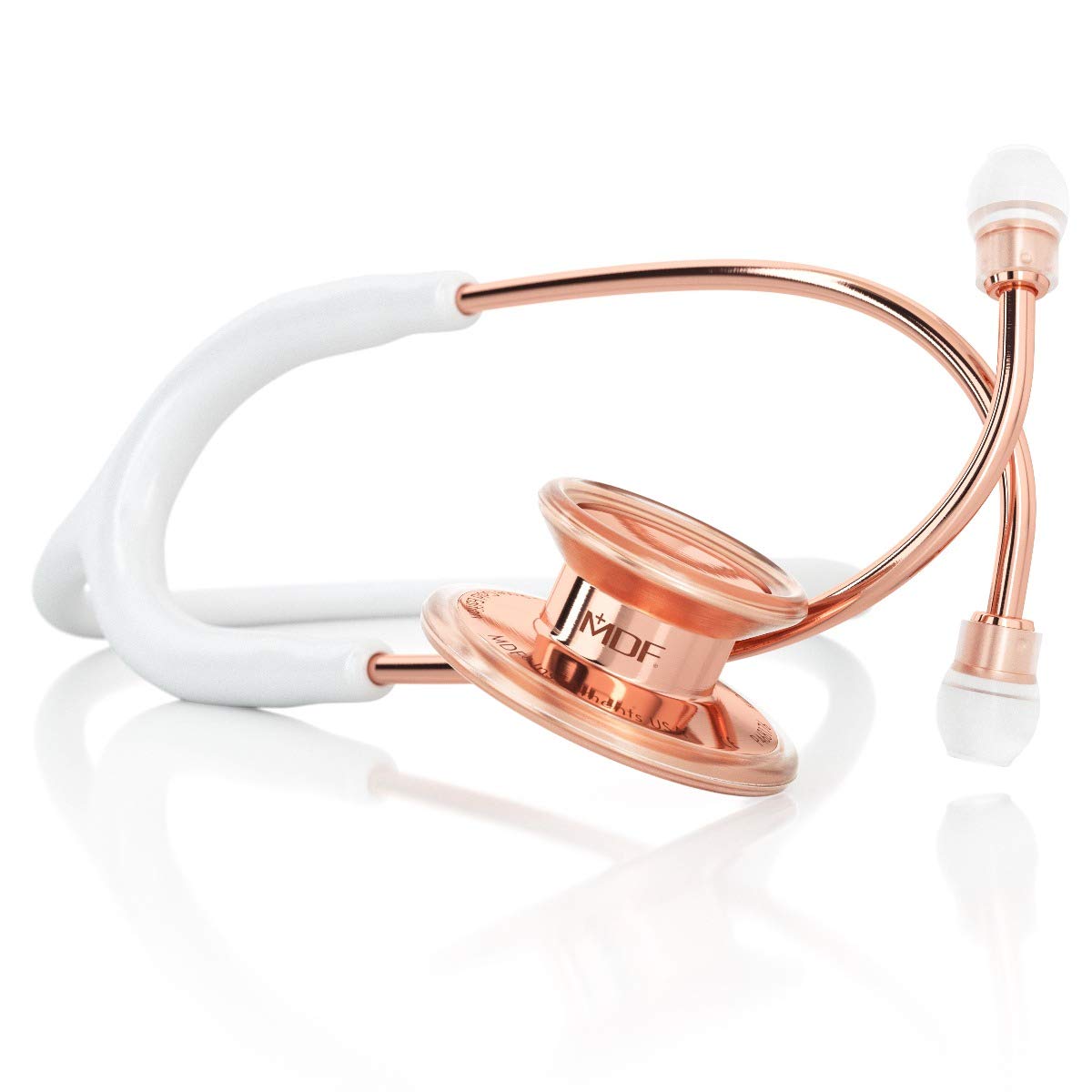MDF Instruments, MD One Stainless Steel Premium Dual Head Stethoscopee, Adult, White Tube, RoseGold Chestpieces-Headset, MDF777RG29