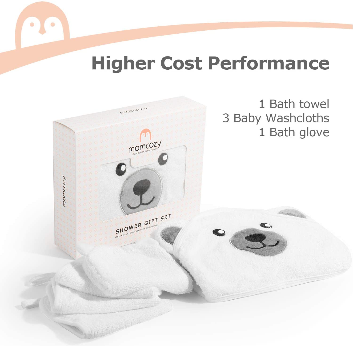 Momcozy Bamboo Baby Bath Towels Set 5 Packs, 1 * Baby Towels with Hood Newborn, 3 * Baby Washcloths, 1 * Baby Bath Glove - Image 2