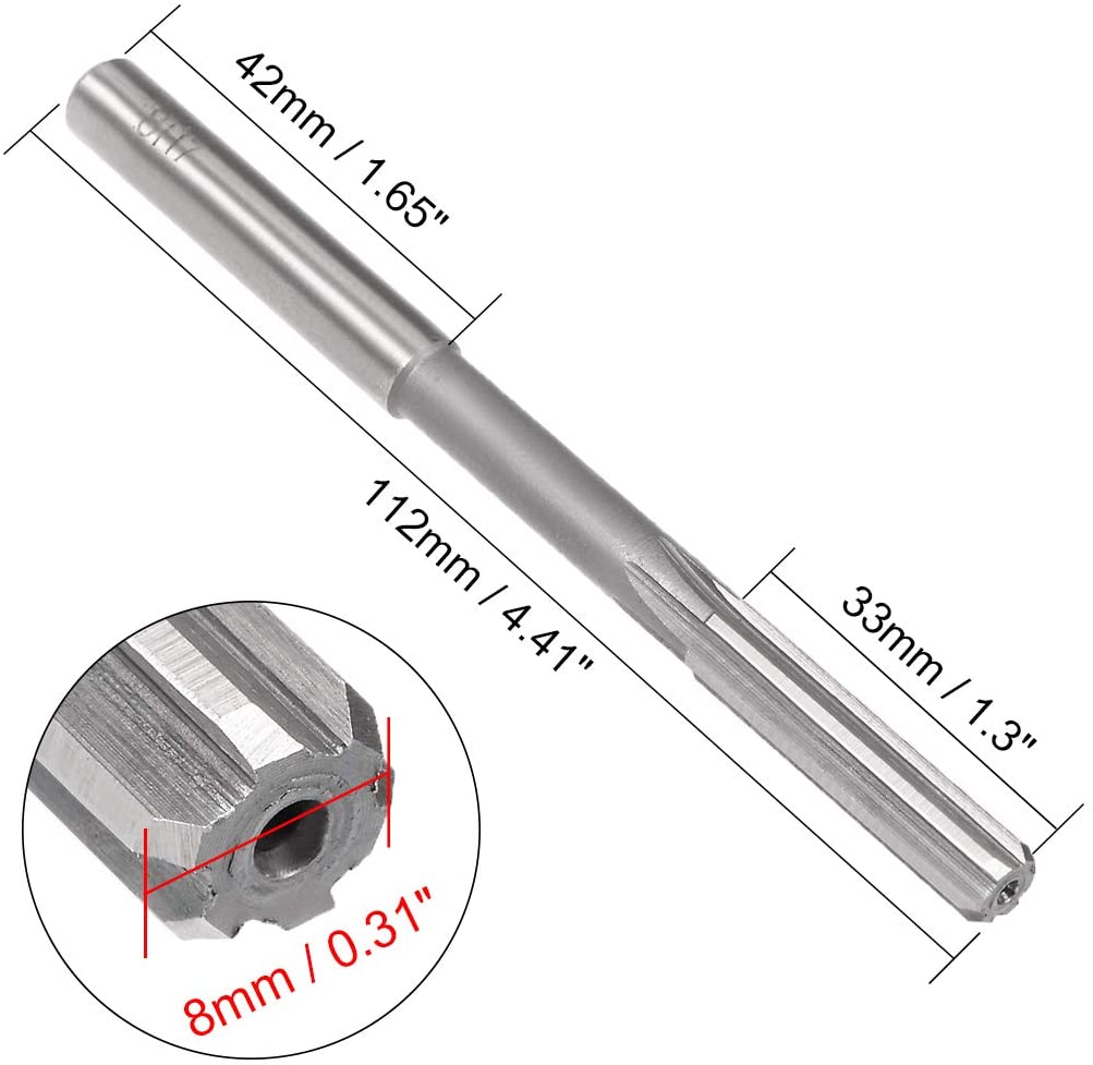 sourcing map Chucking Reamer 8mm, H7 HSS Lathe Machine Reamer 6 Straight Flutes, Round Shank Milling Cutting Tool - Image 2